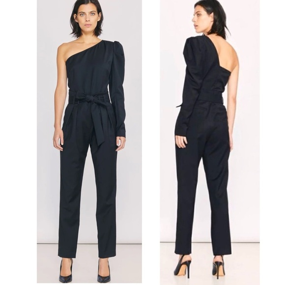 IRO Harabel Wool One Shoulder Puff Sleeve Belt Tailored Pleated Jumper Jumpsuit - Picture 6 of 15